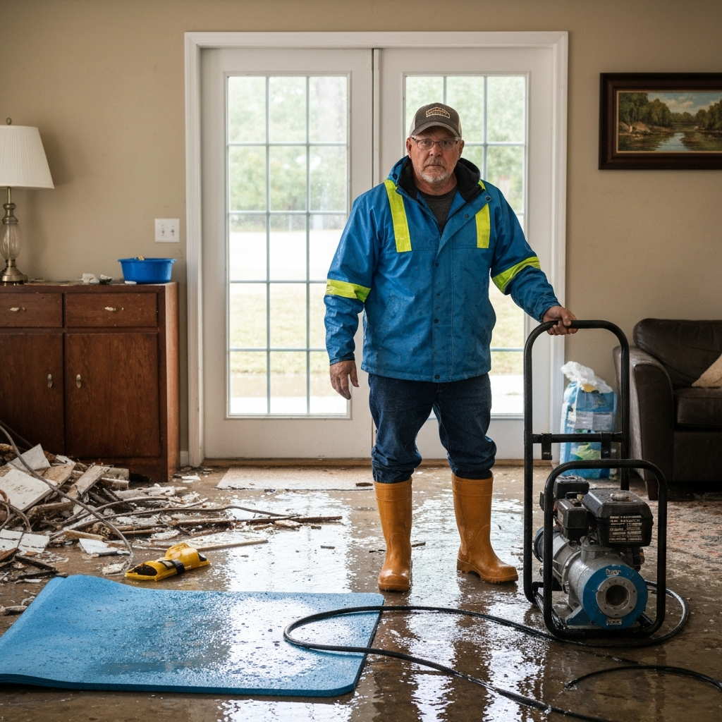 Worker checks water damage in home