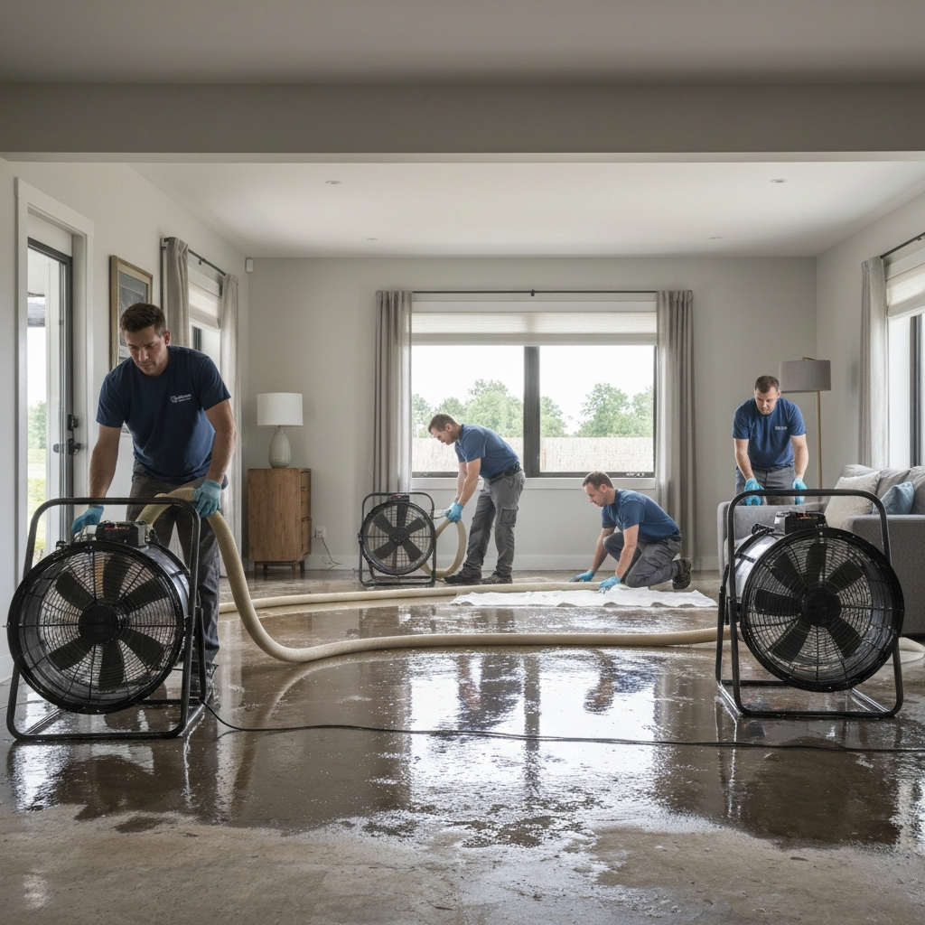 Technicians dry flooded living room