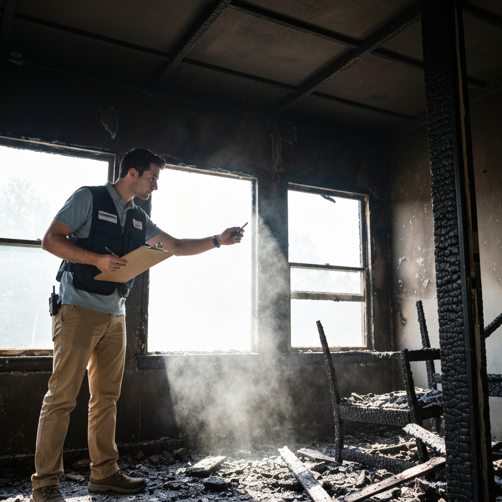 Technician inspecting fire-damaged room