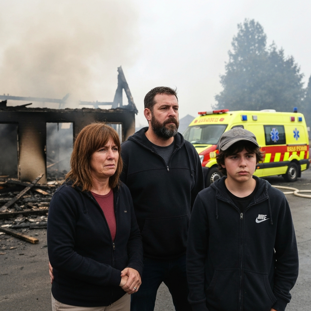 Family safe outside burned house
