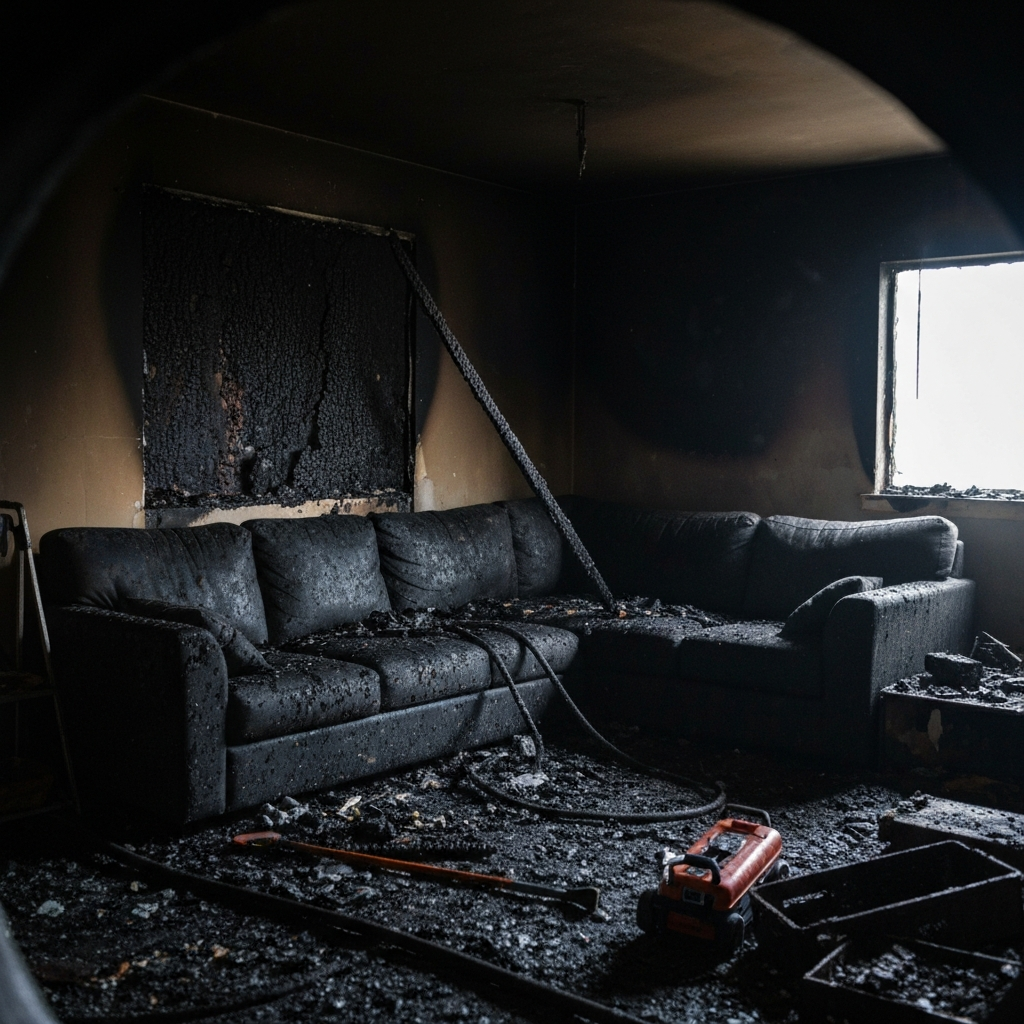Burned living room with equipment