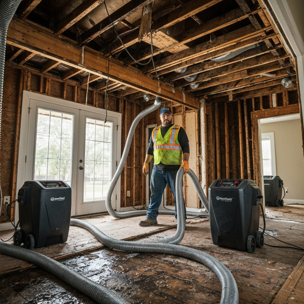 Drying equipment in water-damaged house