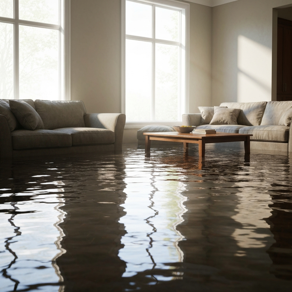 Flooded living room with water
