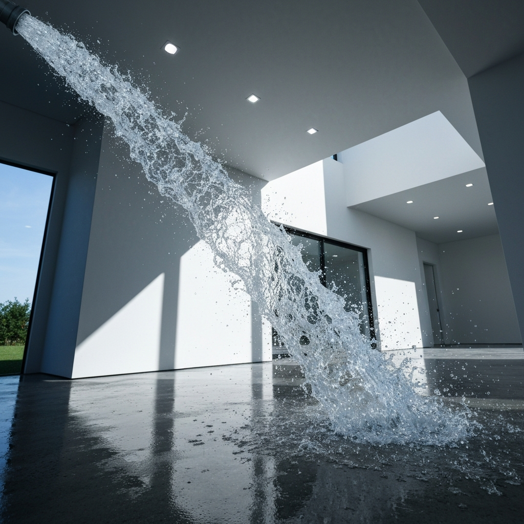 Burst pipe spraying water indoors