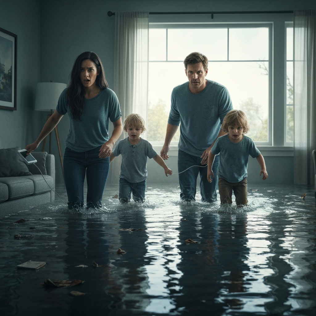 Family taking safety steps after flood