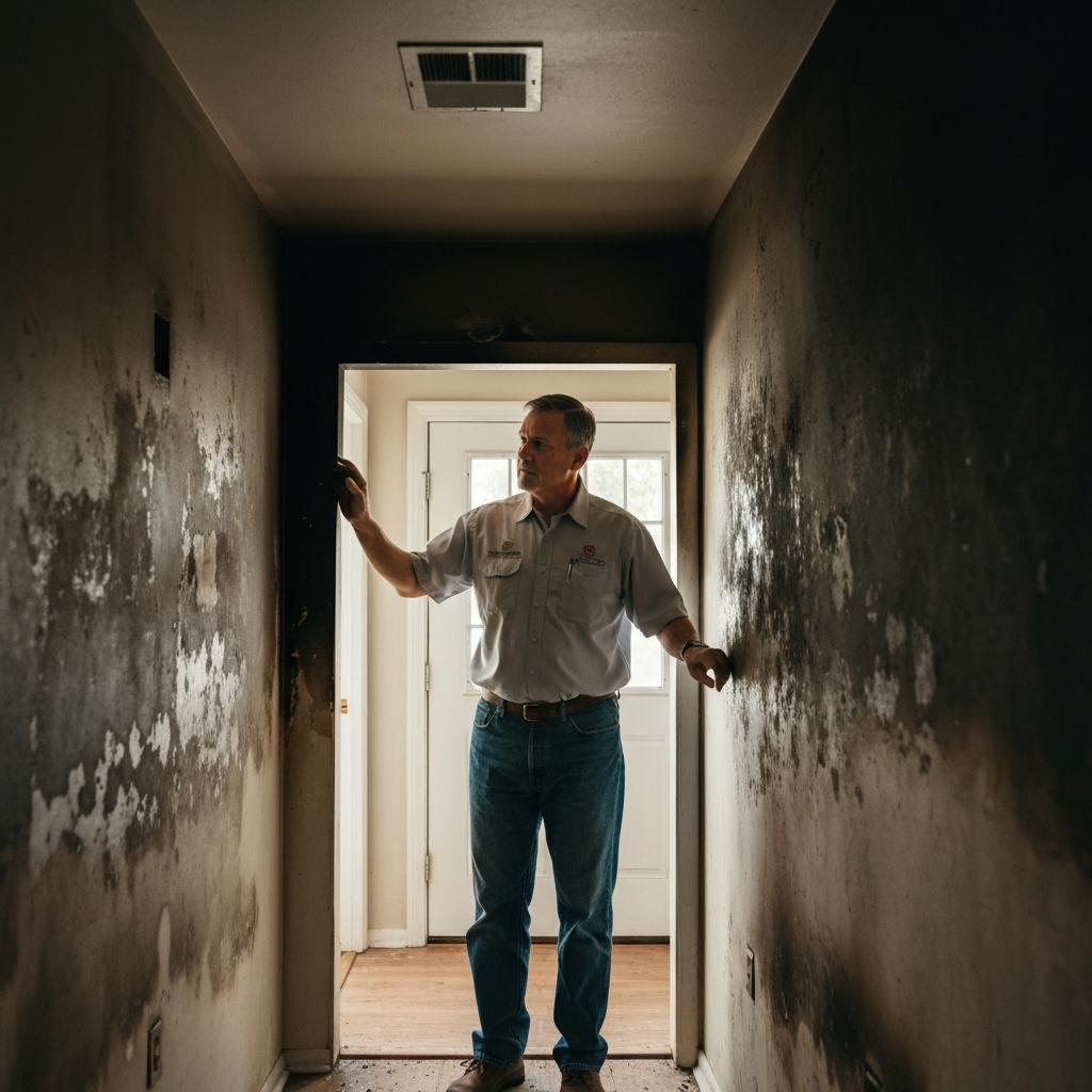Inspector checking smoke-stained wall