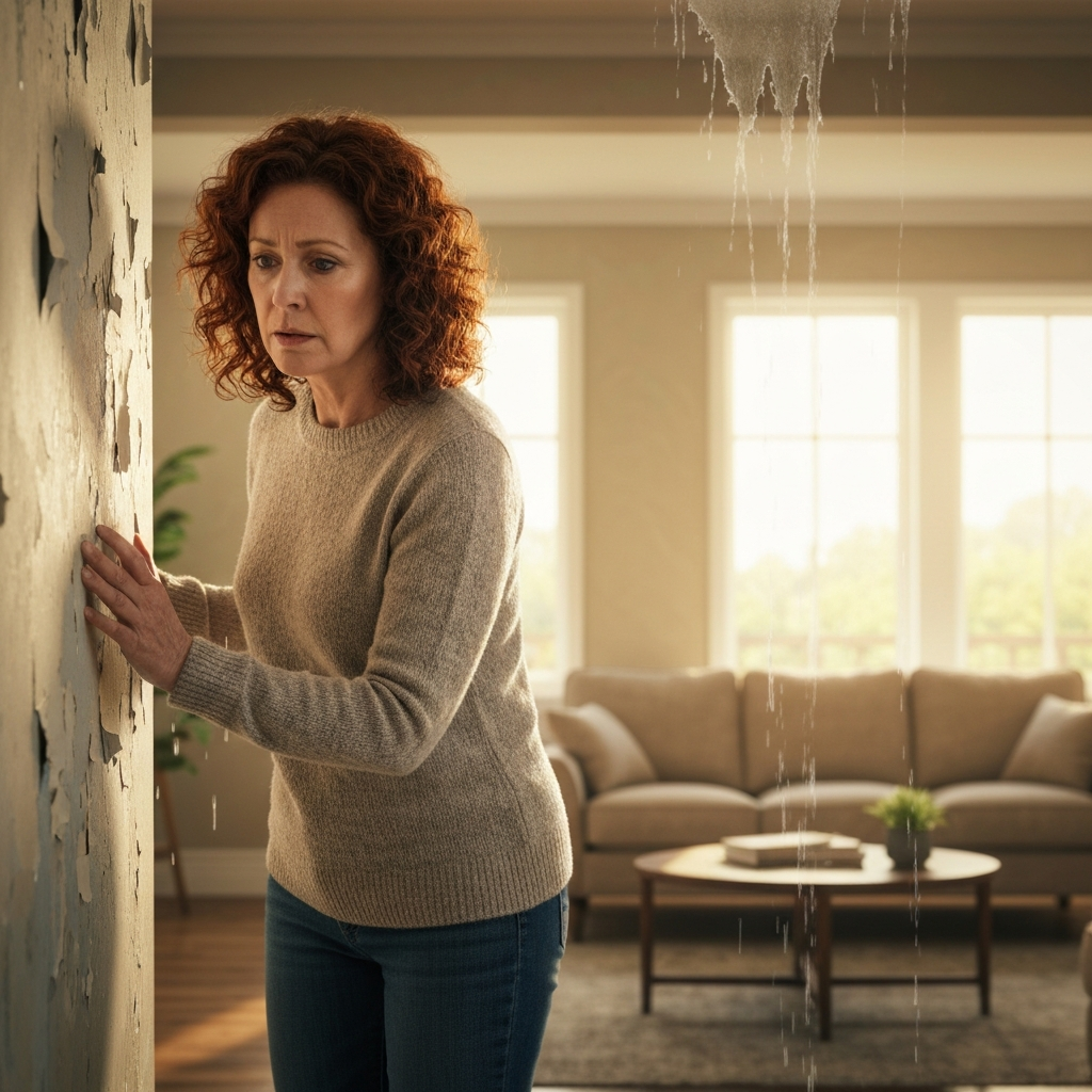 Homeowner inspects water-damaged walls