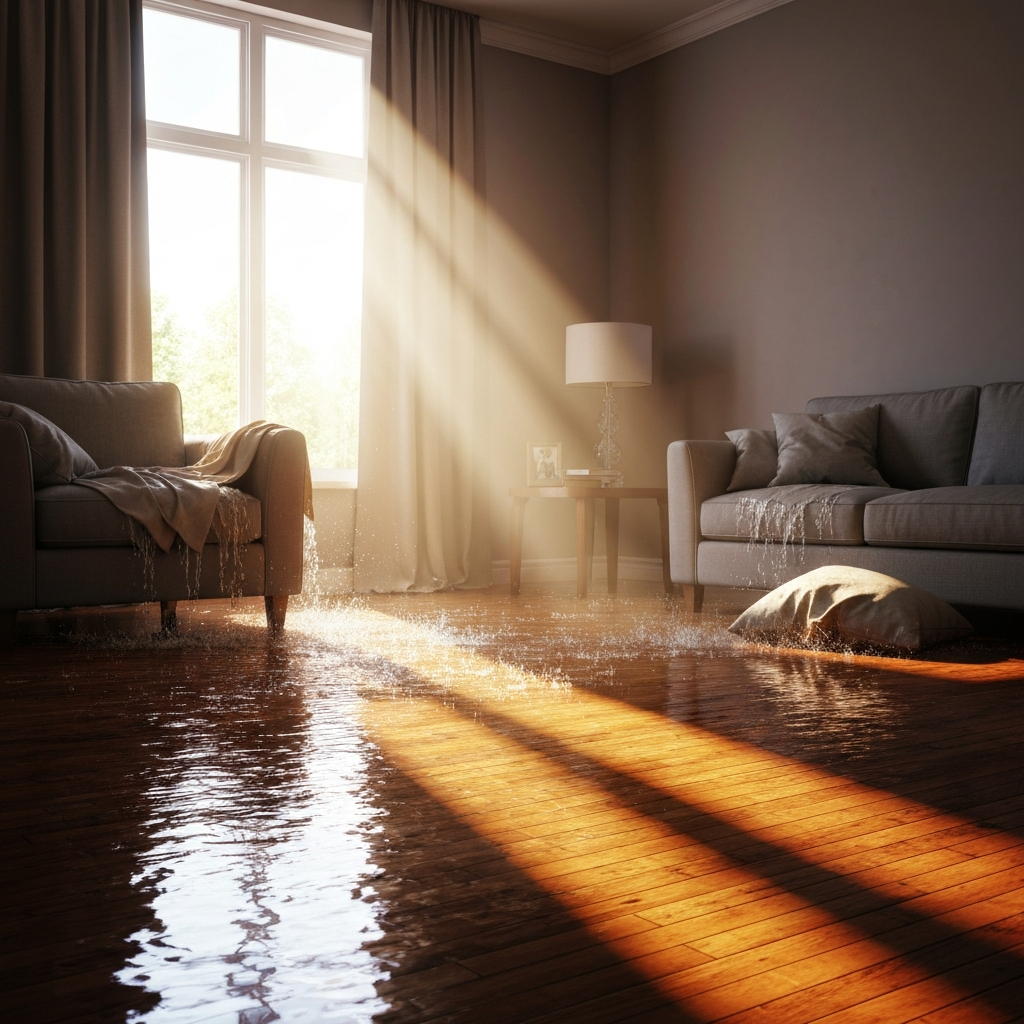 Flooded living room with water damage