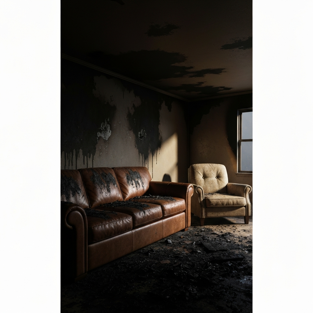 Soot-covered furniture after fire
