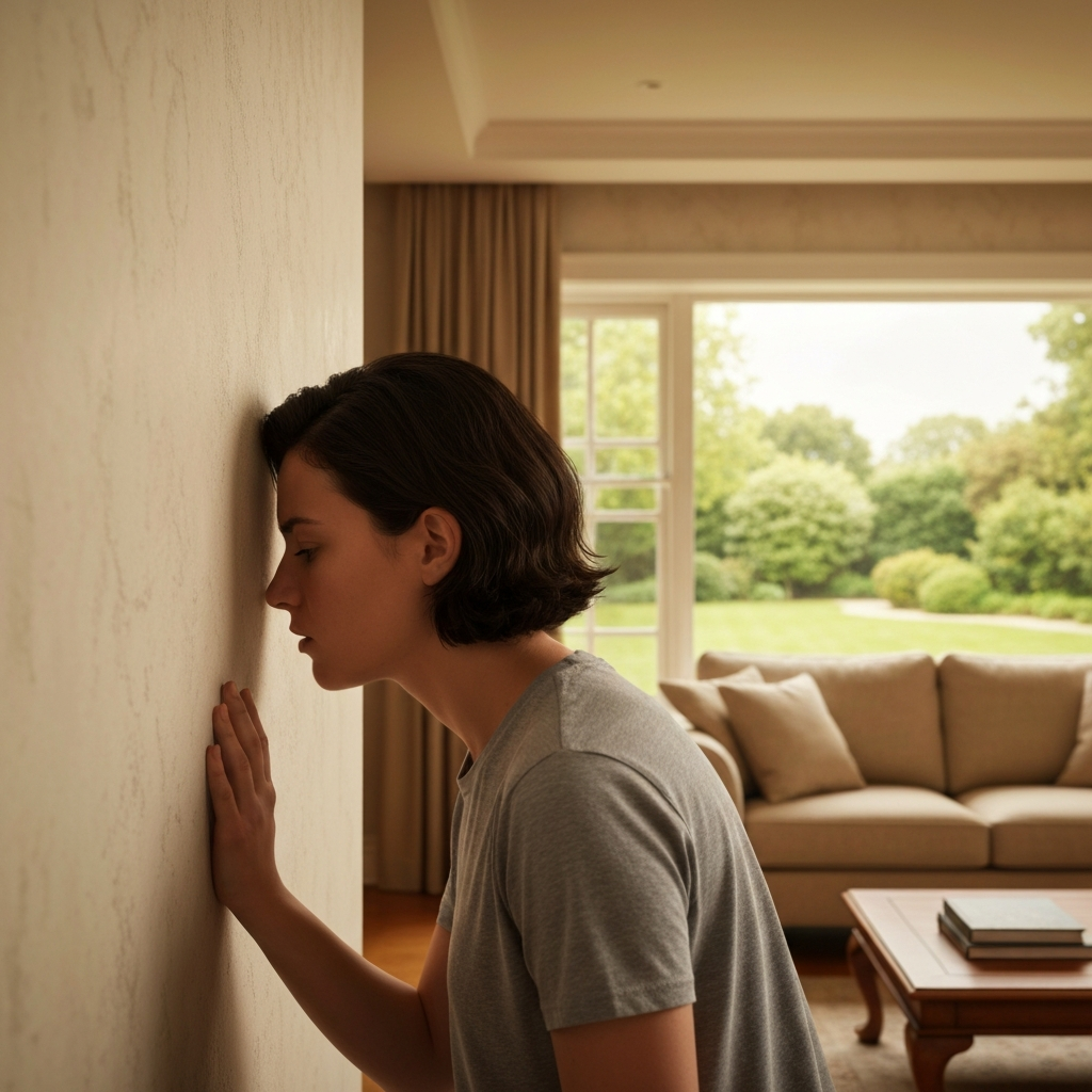 Person sniffing wall for odor