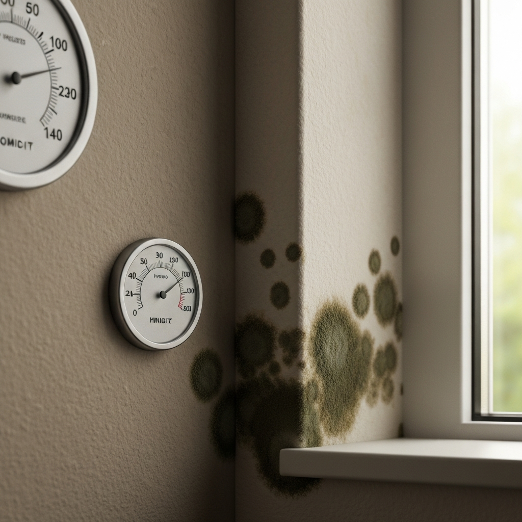 Wall mold and hygrometer close-up