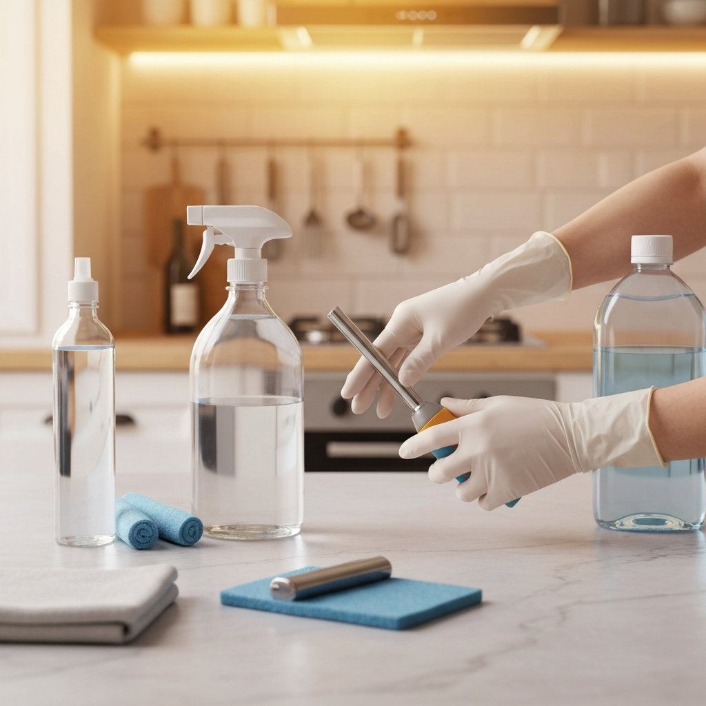 Hands using cleaning supplies