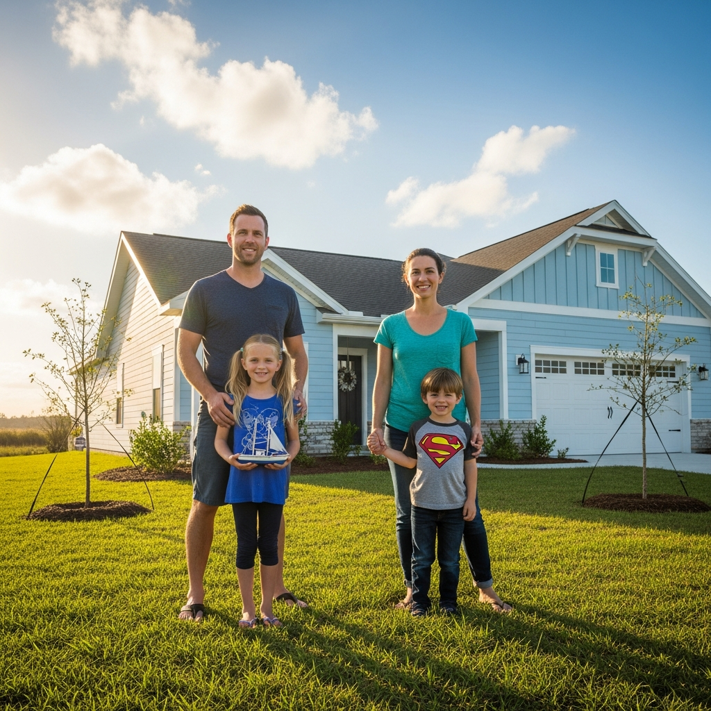 Family outside restored home
