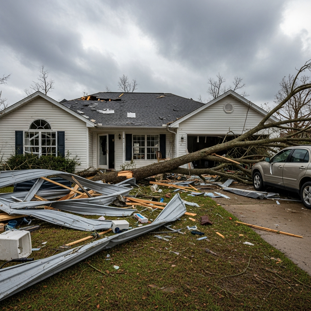 Hurricane damaged home exterior