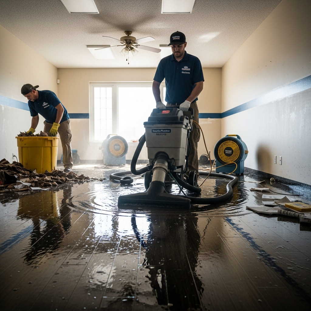 Restoration workers removing debris