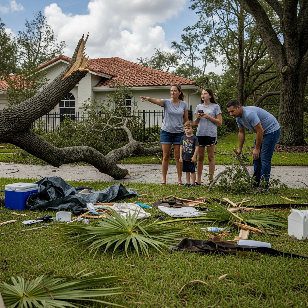 Family inspects storm-damaged home