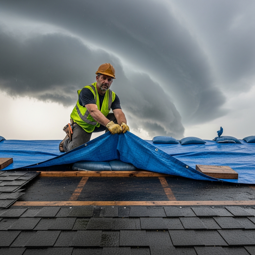 Homeowner tarping damaged roof