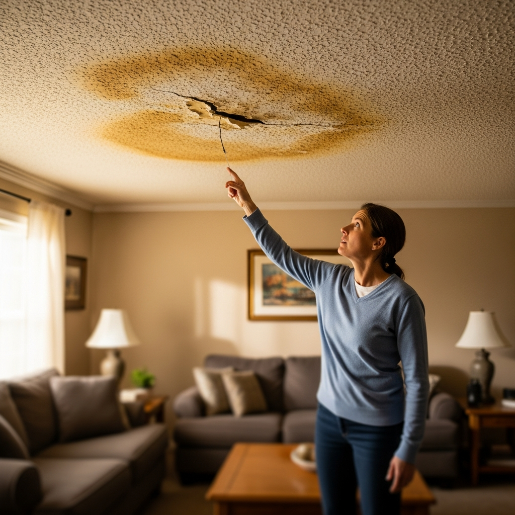 homeowner inspects water stains