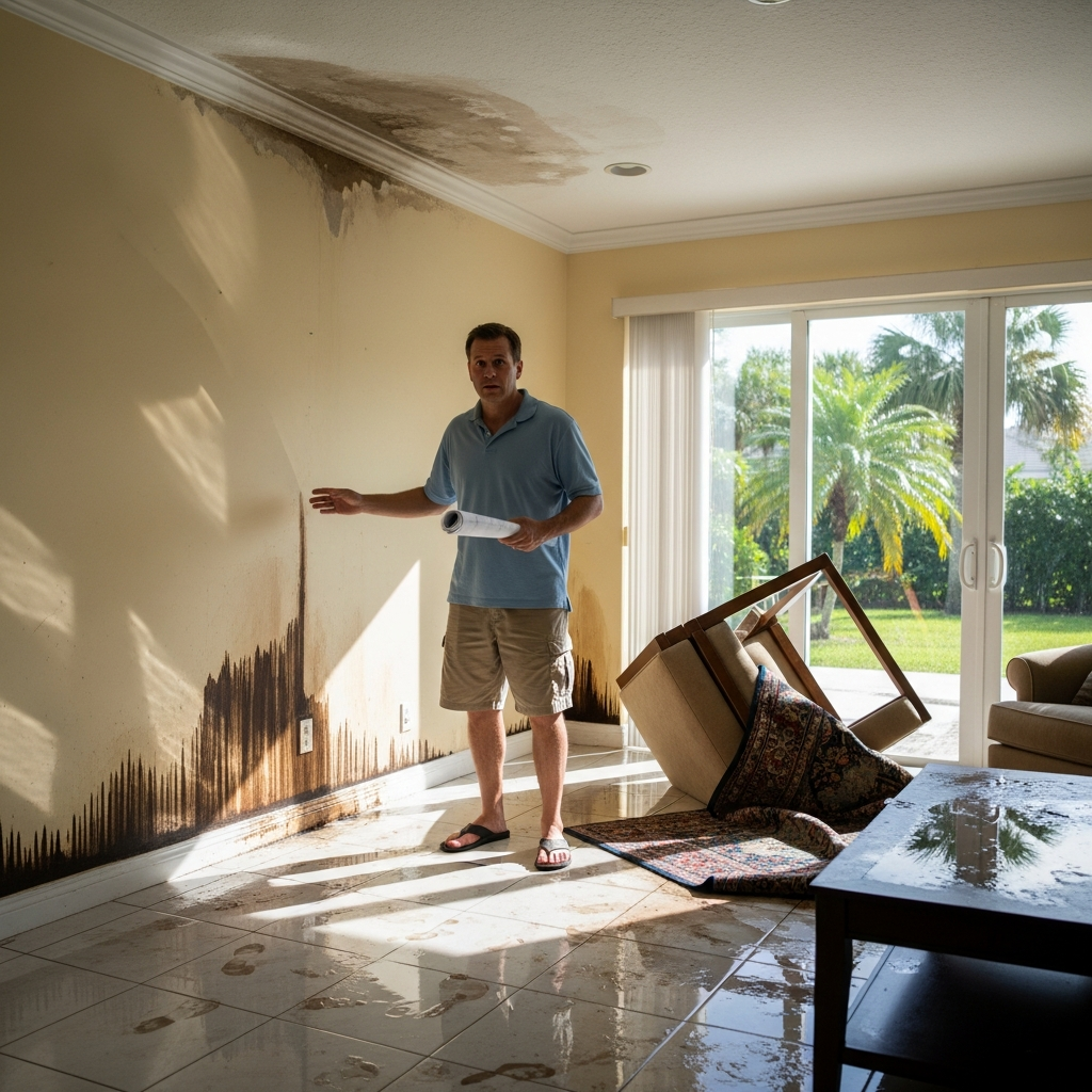 Homeowner surveys water damage