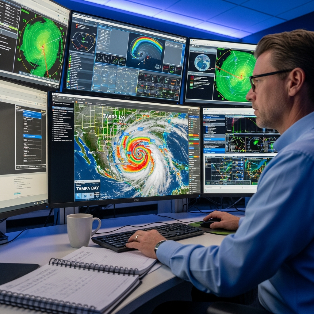 Meteorologist studying hurricane map