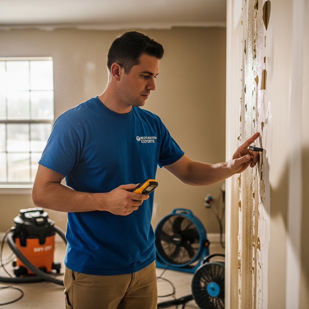 Worker checking water-damaged walls