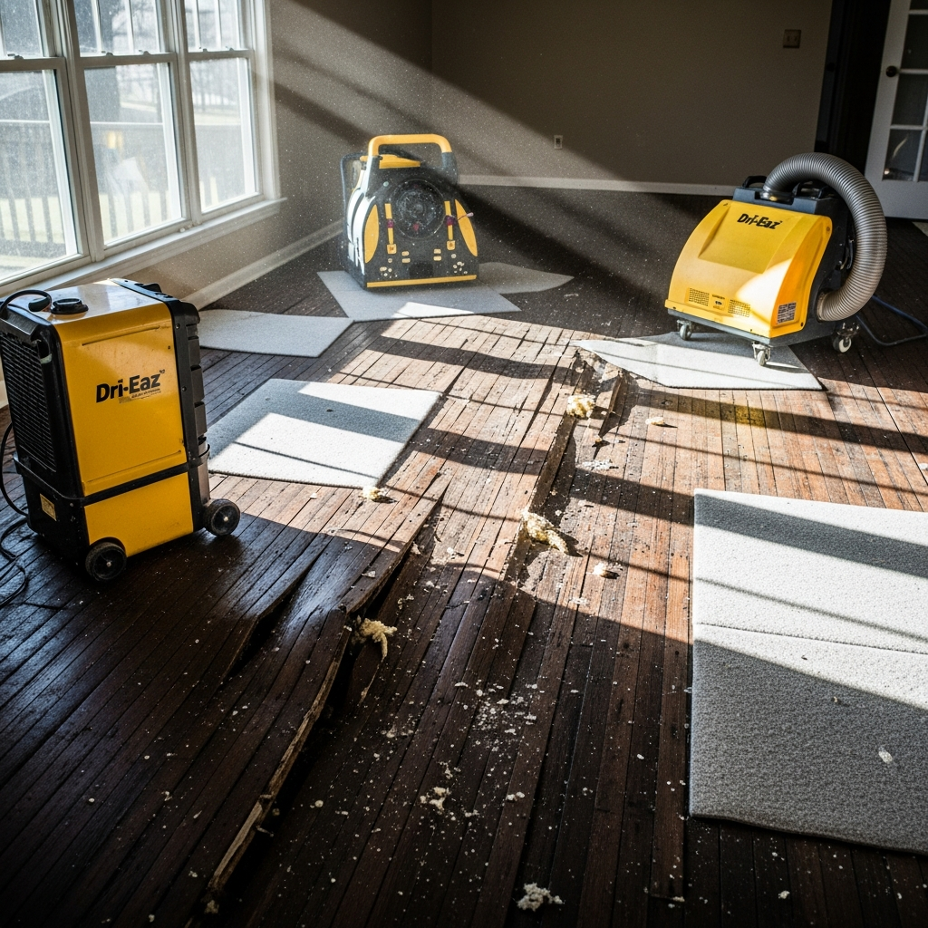 Water-damaged floor with equipment