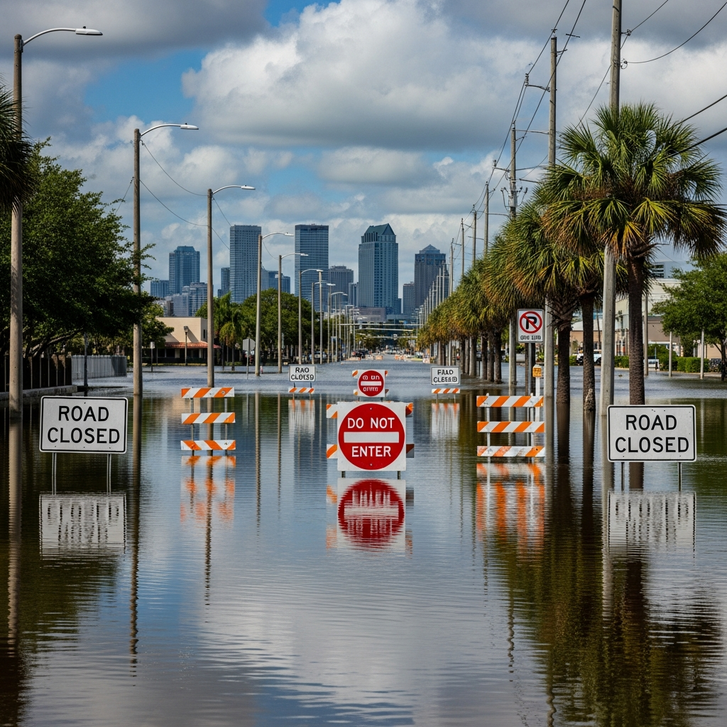 Flooded Tampa Bay street with signs