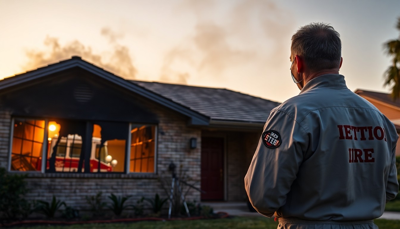 Charred single-story Riverview FL home exterior with soot streaks and a technician inspecting smoke damage near a fire engine.