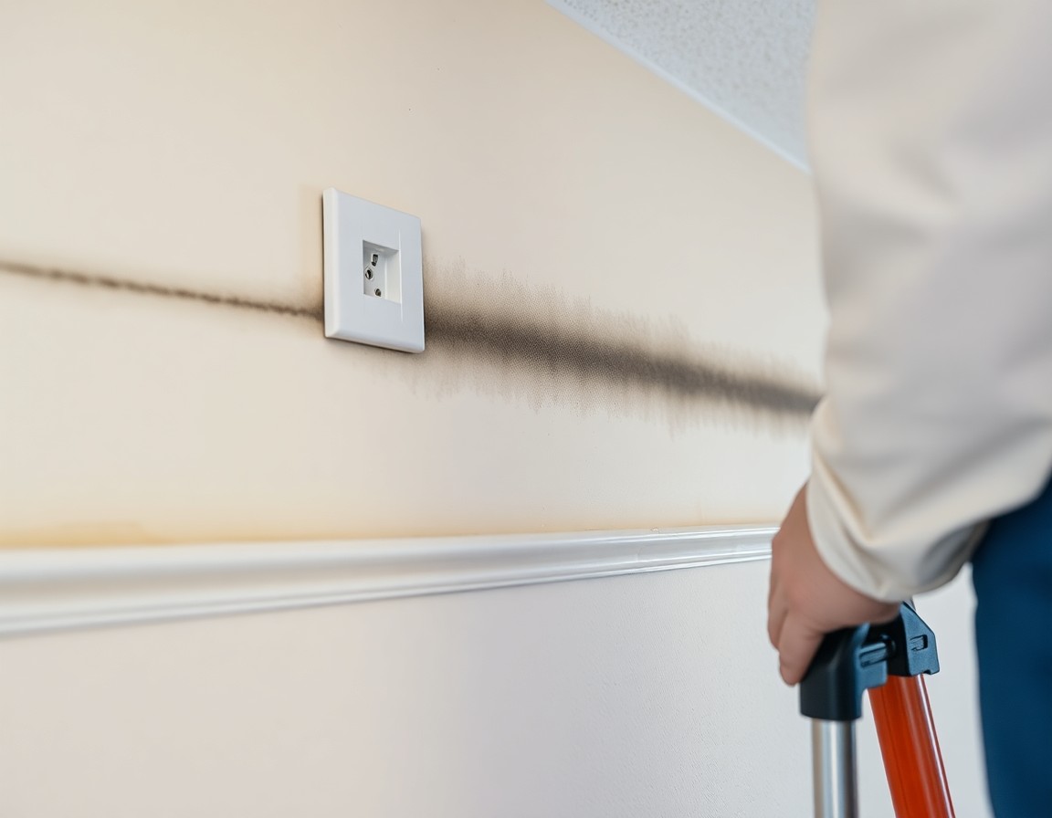 Close-up of soot deposition line above an electrical outlet on interior drywall in a Riverview FL home after a fire.