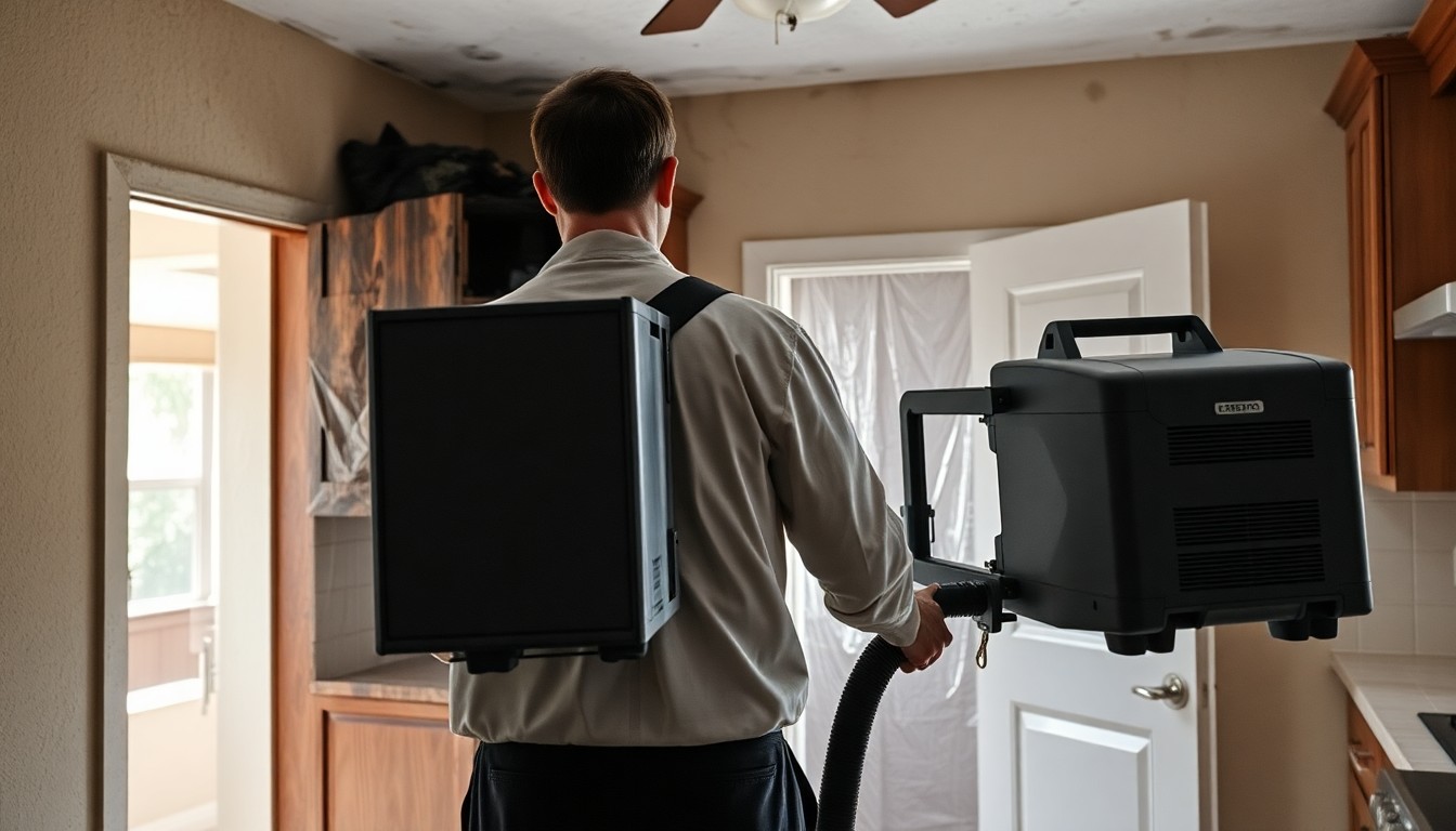 IICRC restoration technician running a HEPA air scrubber and thermal fogger in a fire-damaged Riverview FL kitchen.