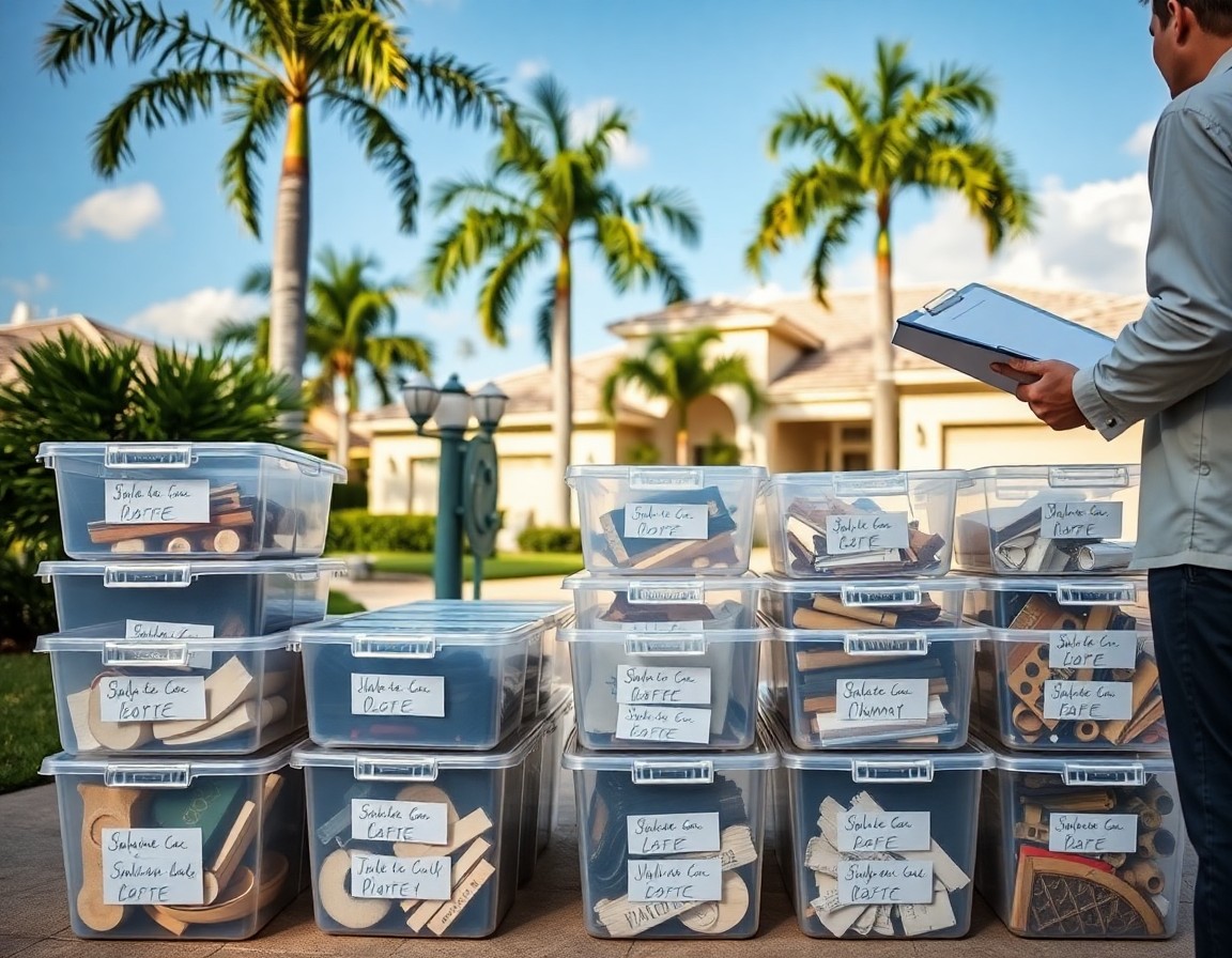 Contents pack-out on a Riverview FL driveway with labeled bins and a technician inventorying salvageable household items.