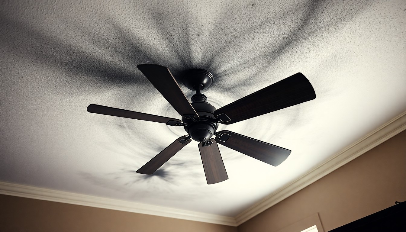 Soot-blackened ceiling fan and ceiling in a Brandon FL family room after a fire, showing airflow-driven smoke deposition.