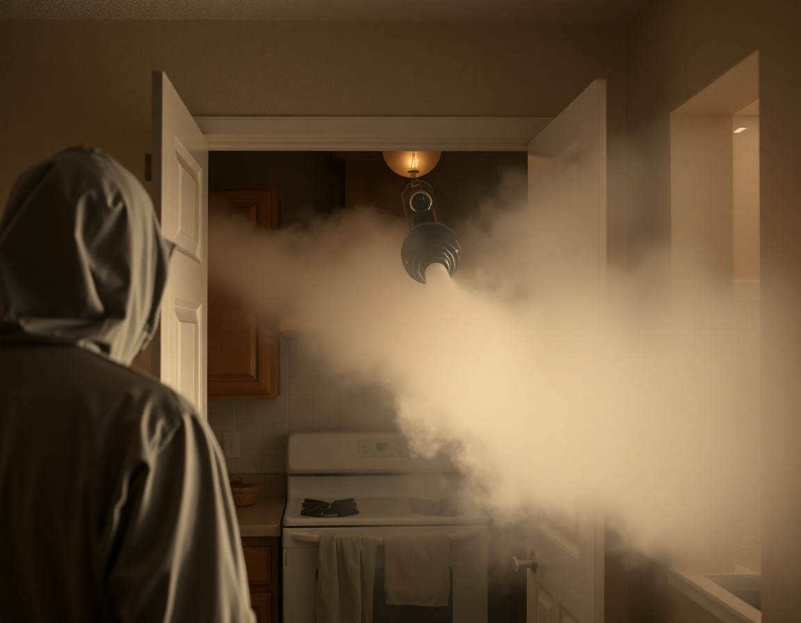 Thermal fogger operating in a sealed Brandon FL kitchen to neutralize smoke odor after a residential fire.