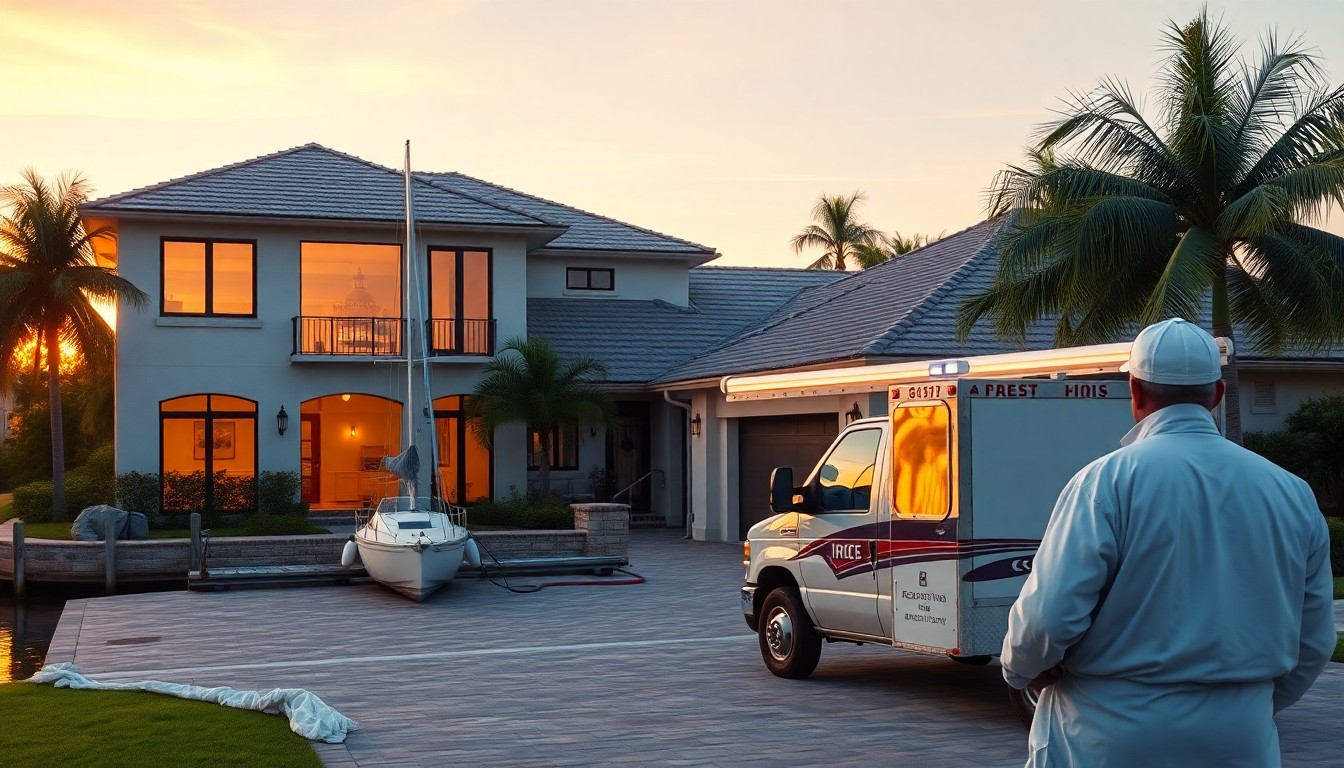 Waterfront Apollo Beach FL home with smoke damage on second floor and a restoration truck arriving as a sailboat sits in the canal behind.