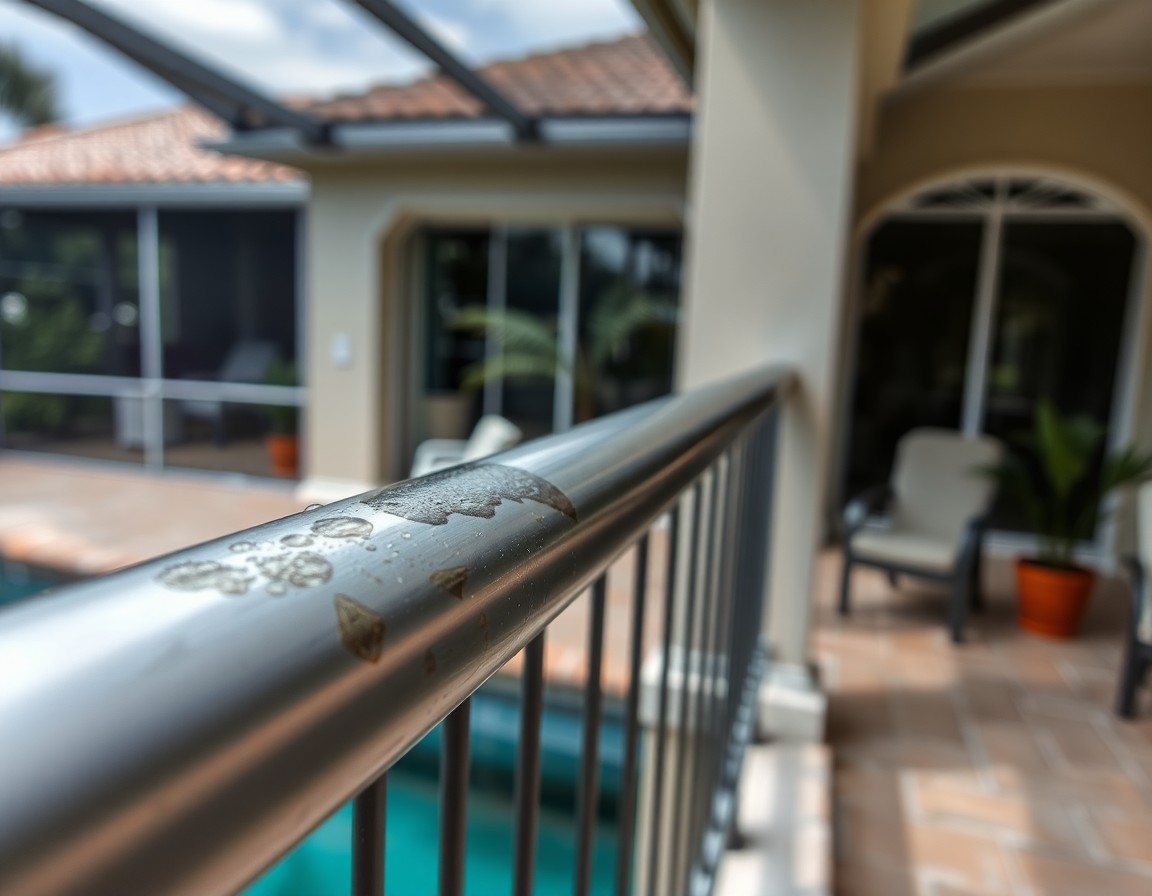 Close-up of salt-air corrosion interacting with soot deposit on a Mira Bay Apollo Beach FL lanai railing after a house fire.