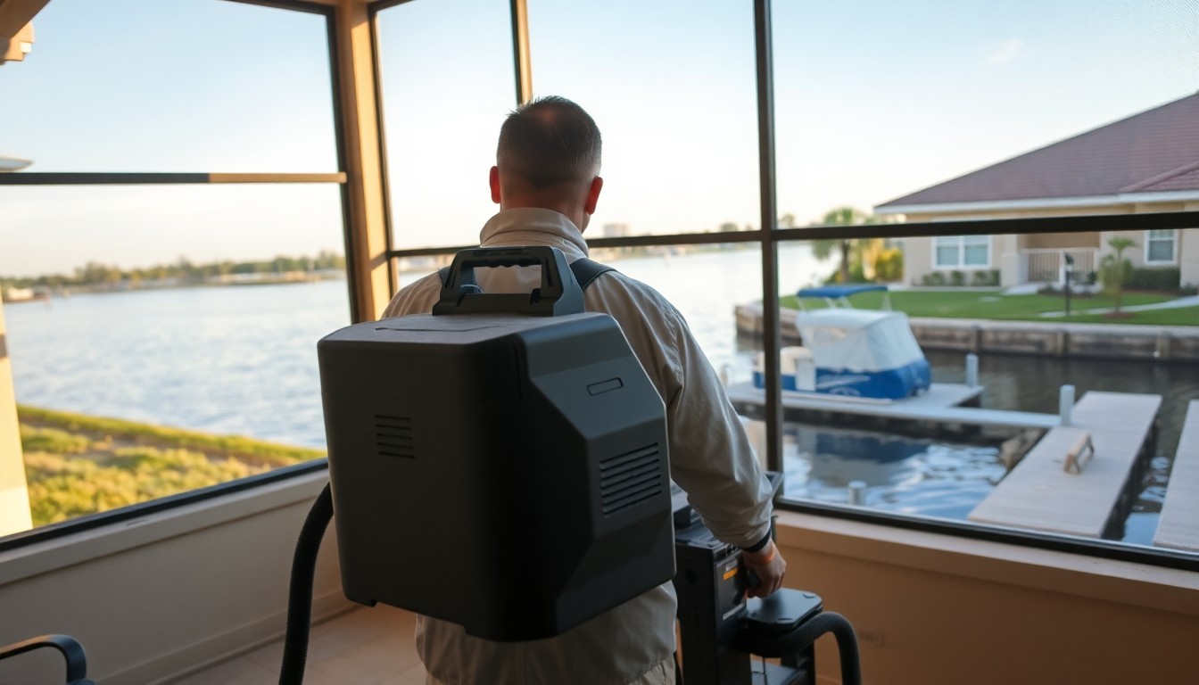 IICRC technician running a HEPA scrubber on an Apollo Beach FL canal-front lanai with a boat lift and seawall behind.
