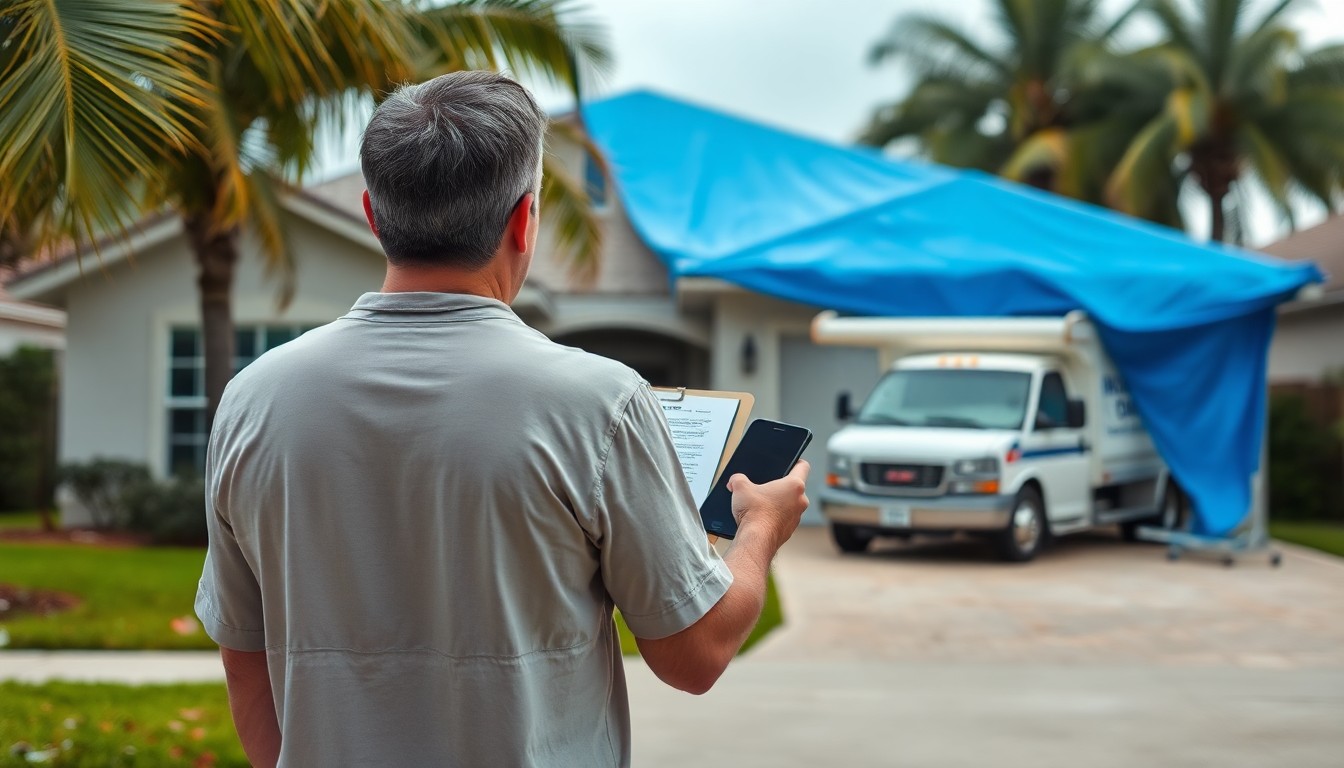Tampa FL homeowner with insurance paperwork in front of a hurricane-damaged house with blue tarp on the roof and restoration truck in driveway.