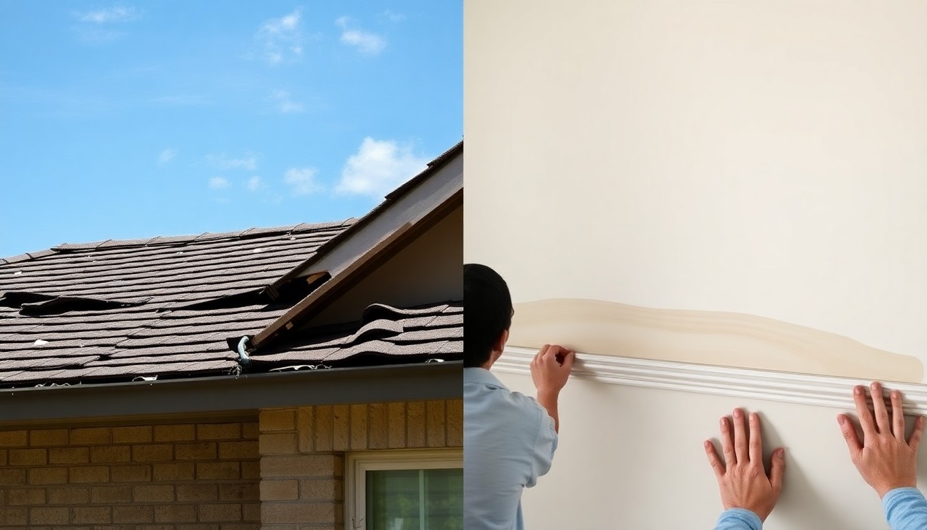 Split image showing wind damage (torn roof shingles) versus flood damage (waterline on interior drywall) for a Florida hurricane insurance claim.