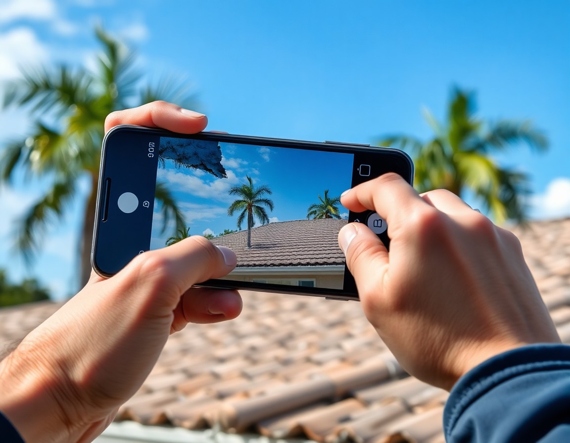 Hand photographing hurricane roof damage with a smartphone for a Florida wind insurance claim, timestamp visible on screen.