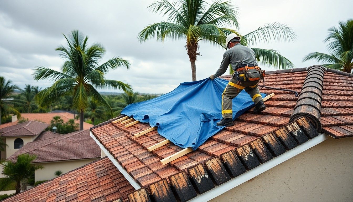 IICRC technician installing an emergency blue tarp on a Tampa FL roof after hurricane damage to stop secondary water intrusion.
