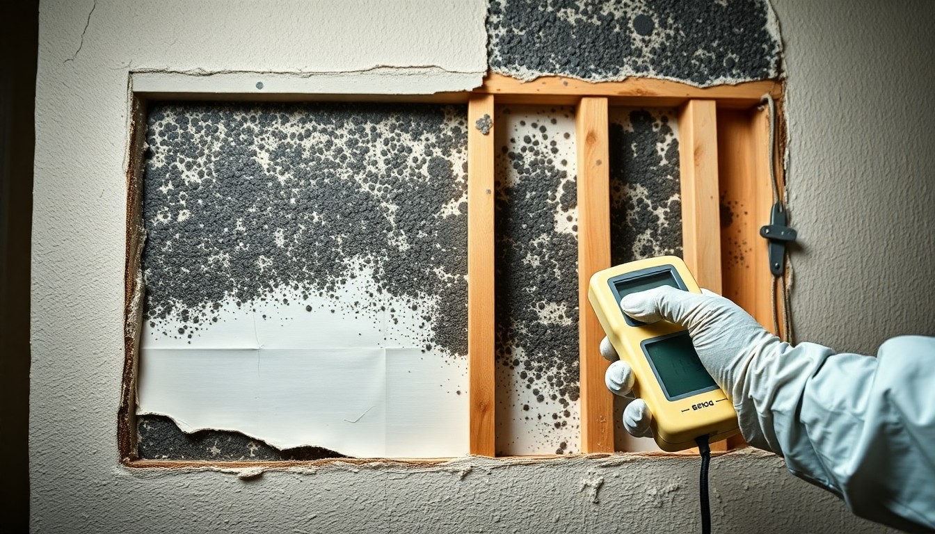 Removed drywall in a Tampa FL home revealing black mold colonies on the paper backing and wood framing behind it, technician using a moisture meter.