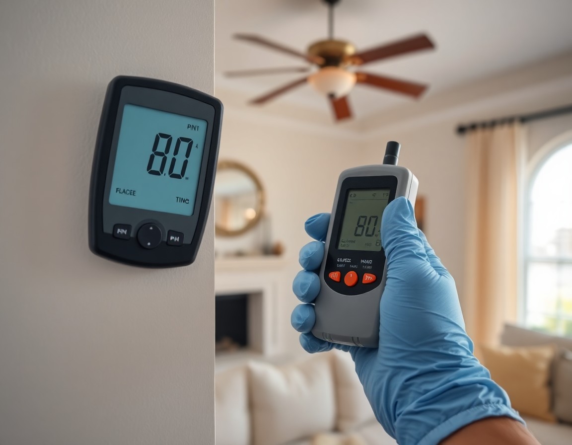 Pinless moisture meter reading 80 percent on an interior wall in a Tampa FL home, indicating likely hidden mold behind drywall.