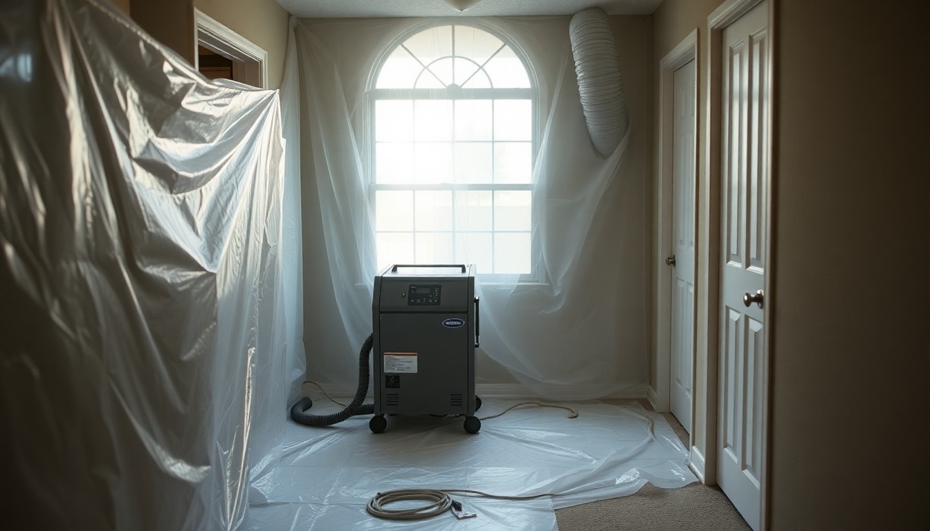 Containment plastic and HEPA negative-air machine set up for IICRC S520 mold remediation in a Tampa FL hallway.