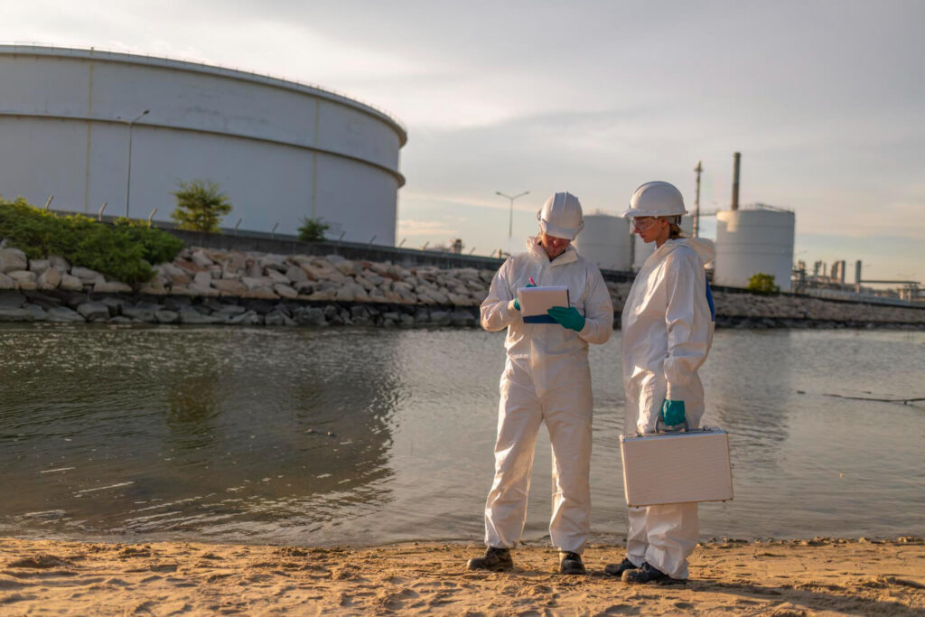 Environmental inspectors in protective suits conducting water quality testing near a wastewater facility.